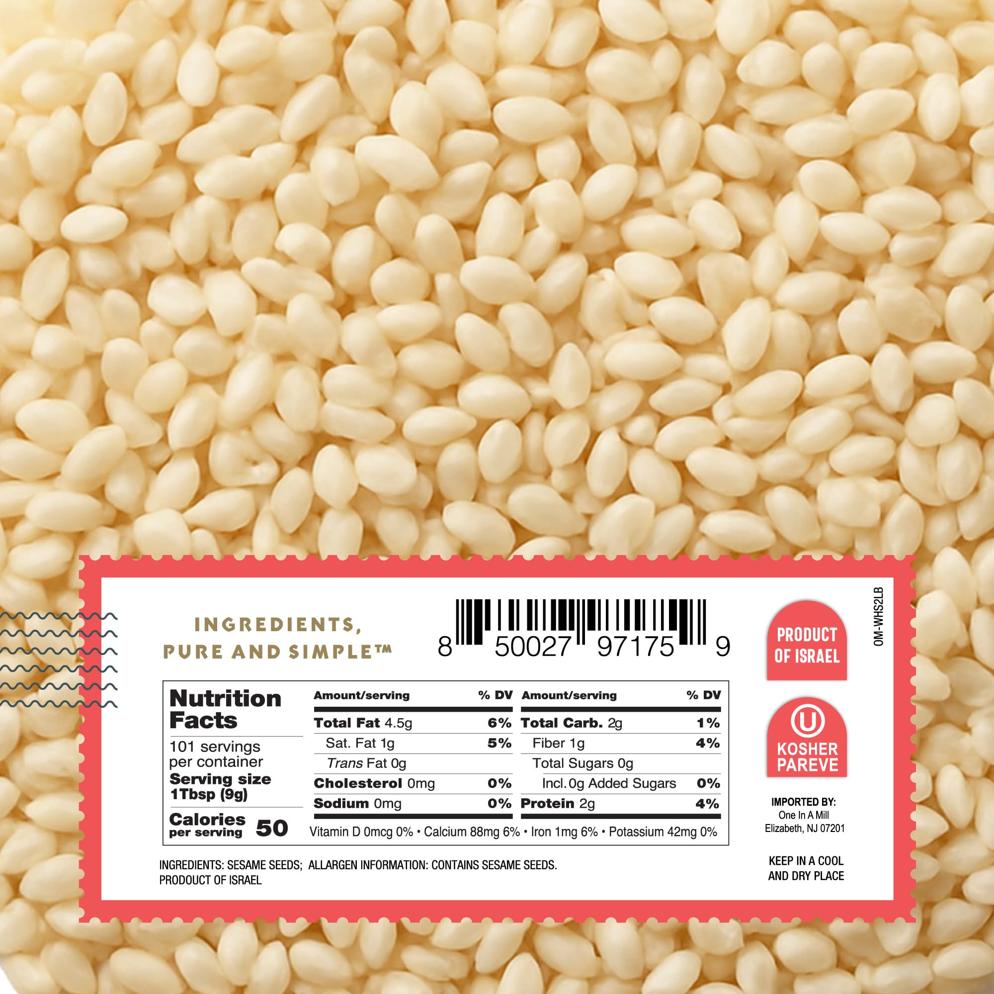One in A Mill hulled sesame seeds stored in a pantry-friendly bag