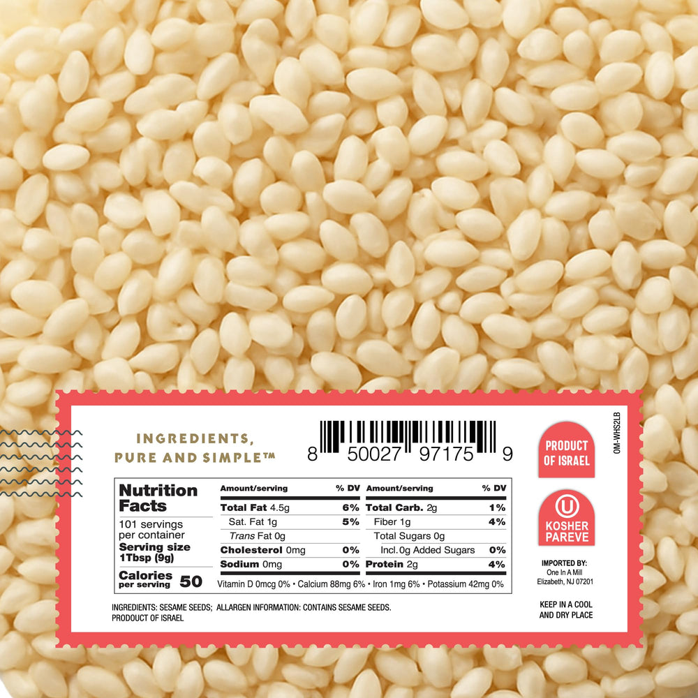 One in A Mill hulled sesame seeds stored in a pantry-friendly bag