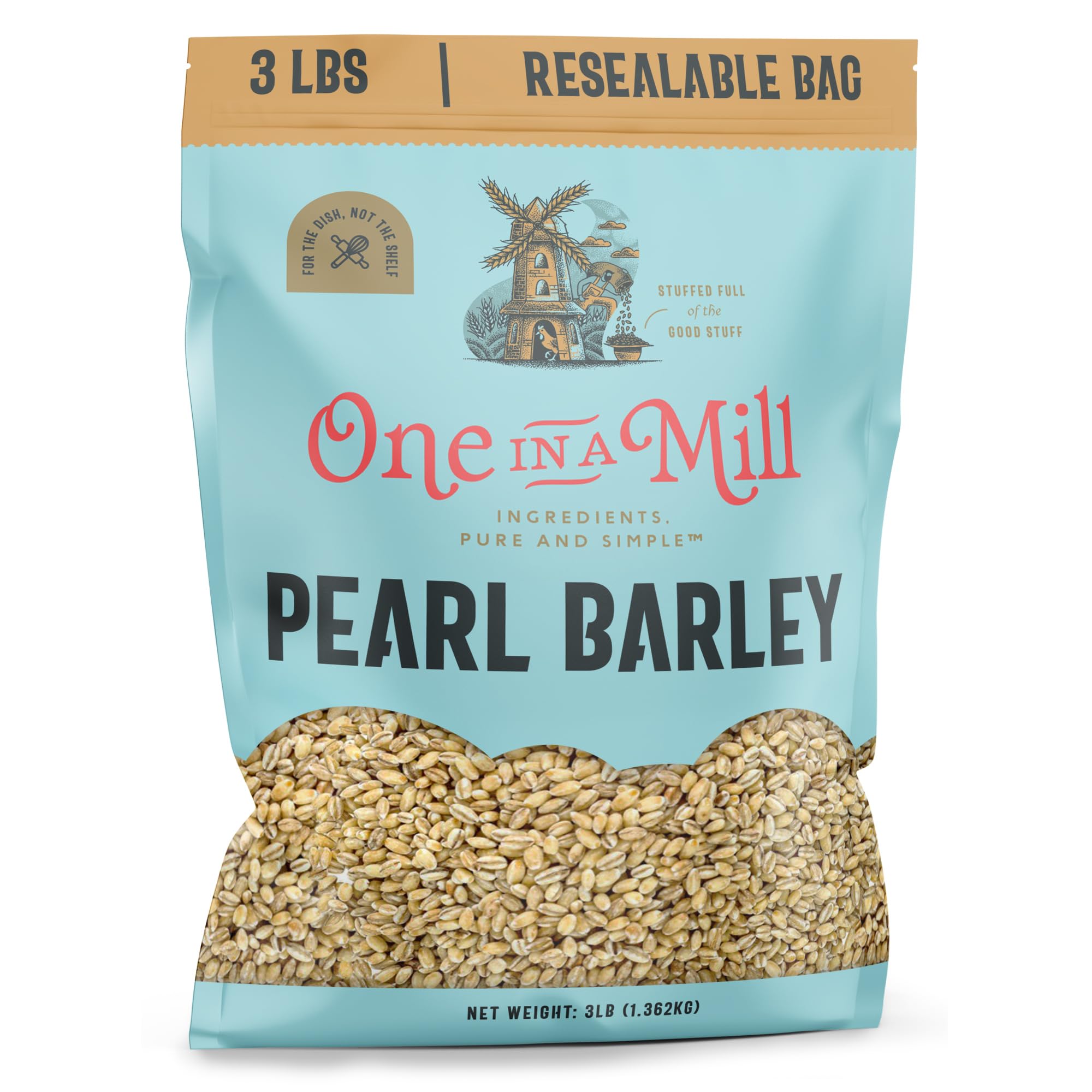 ONE IN A MILL Pearl Barley bulk bag front with resealable closure for easy storage.