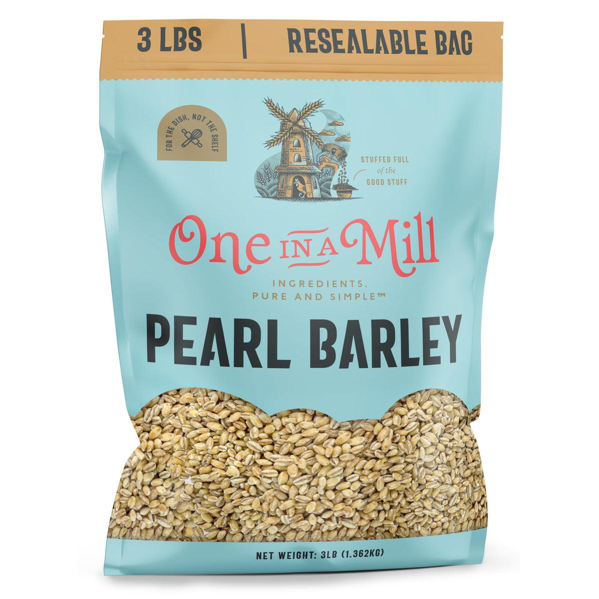ONE IN A MILL Pearl Barley bulk bag front with resealable closure for easy storage.