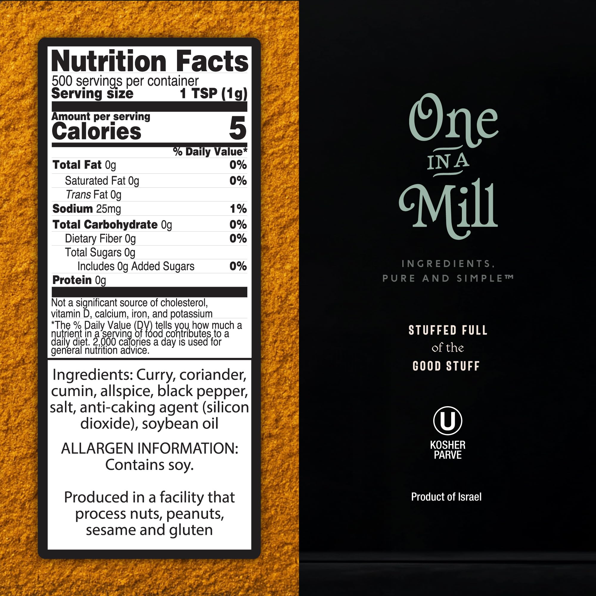 ONE IN A MILL shawarma spice label closeup highlights natural ingredients and Kosher certification.