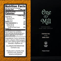 ONE IN A MILL shawarma spice label closeup highlights natural ingredients and Kosher certification.