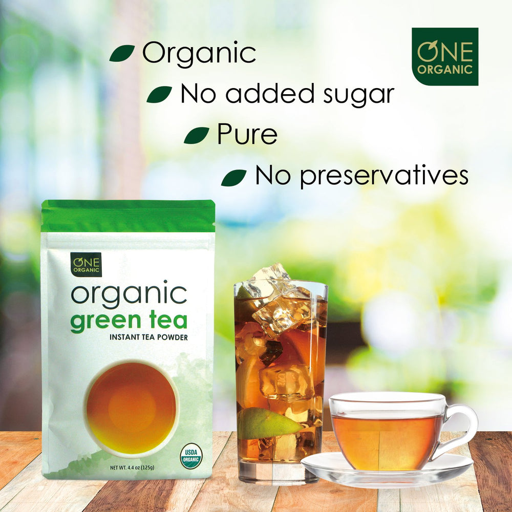 One Organic Instant Tea Green Powder dissolves in hot water for instant tea