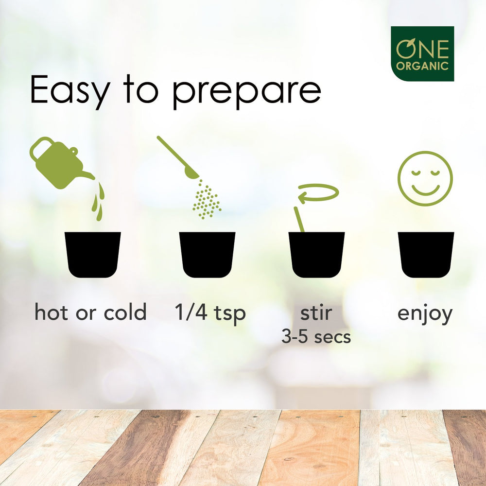 One Organic Instant Tea Green Powder served as iced tea in a glass