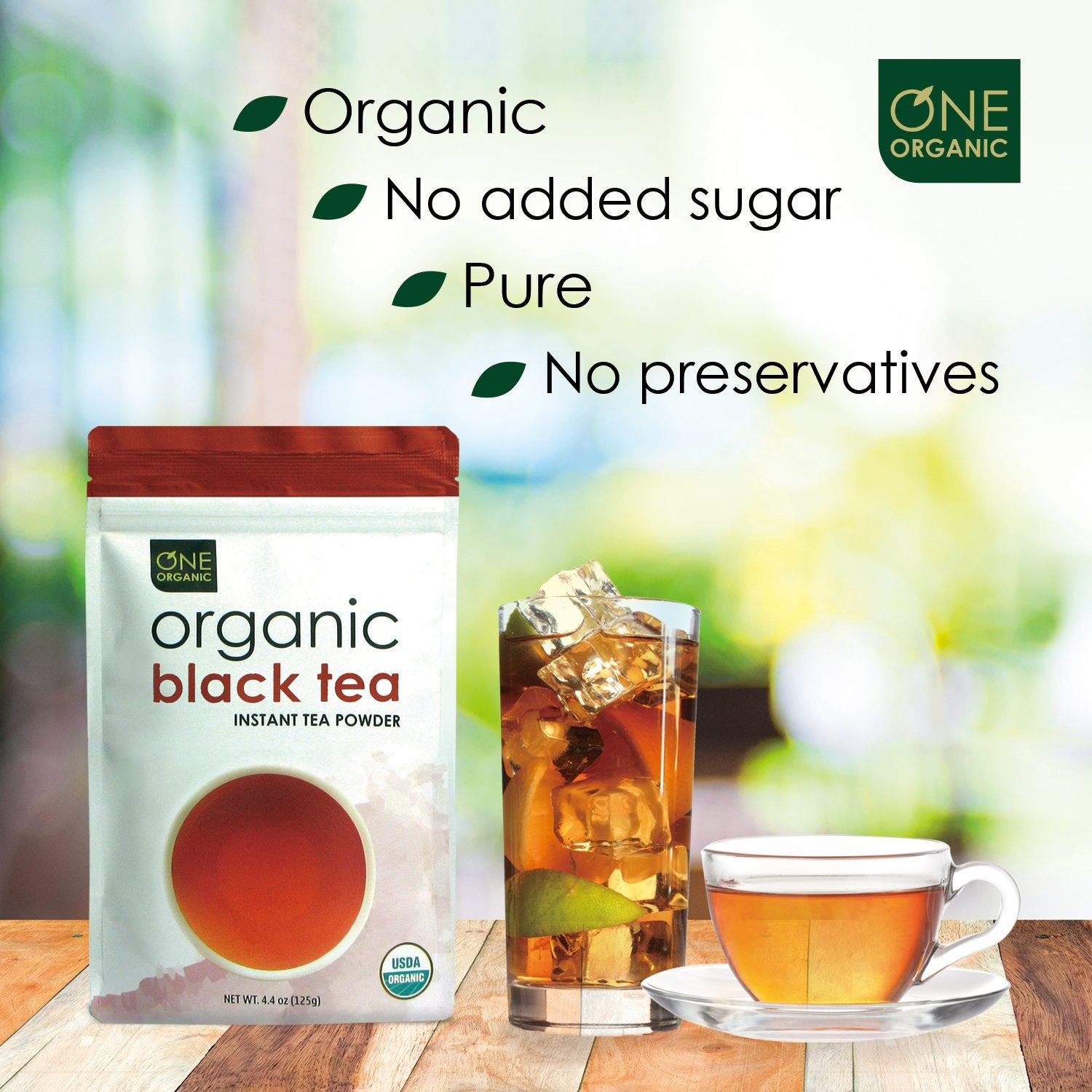 One Organic Instant Tea Powder dissolves rapidly in hot water for a fast brew.