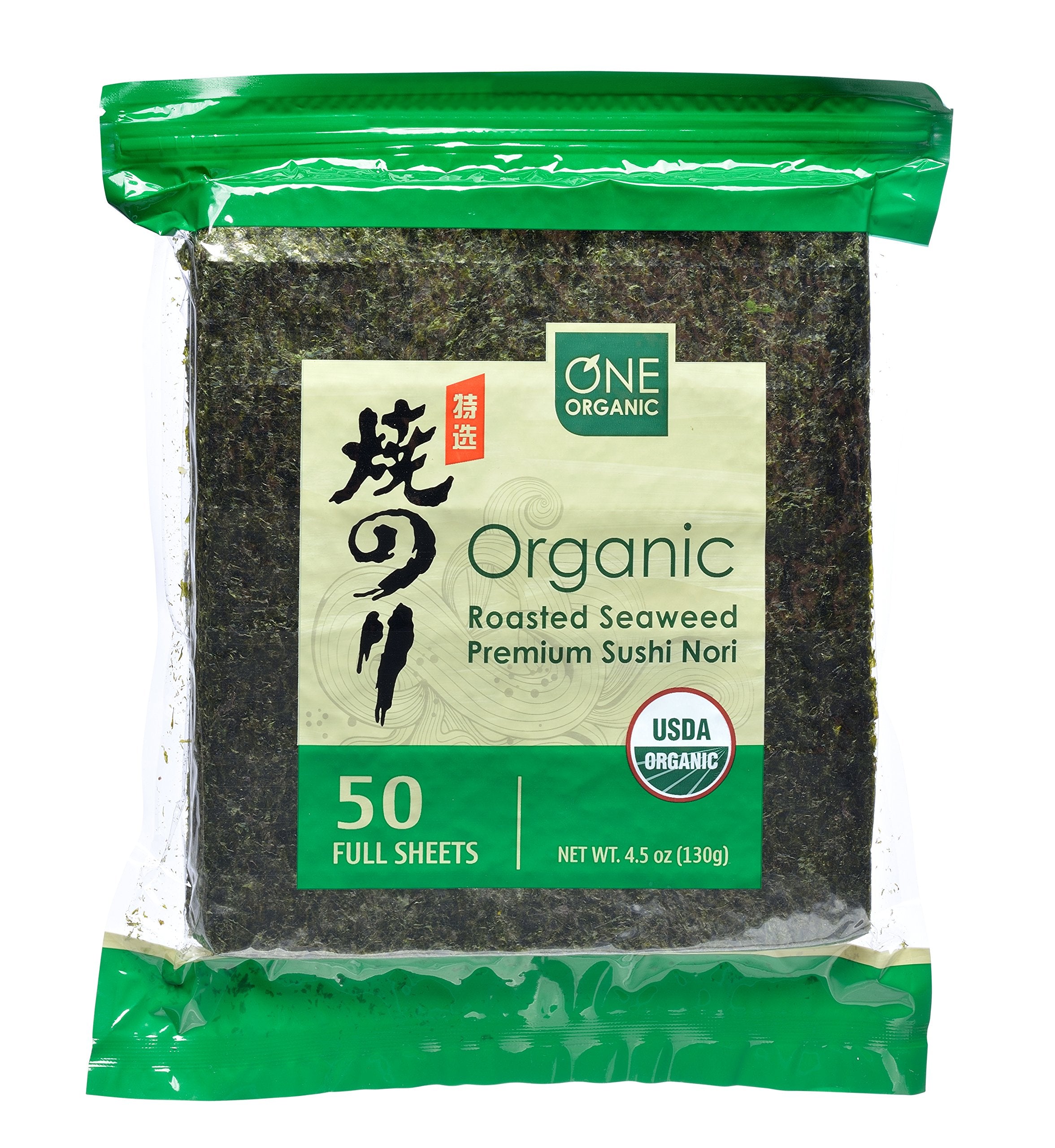 One Organic Sushi Nori sheets show premium roasted seaweed ready for sushi rolls.