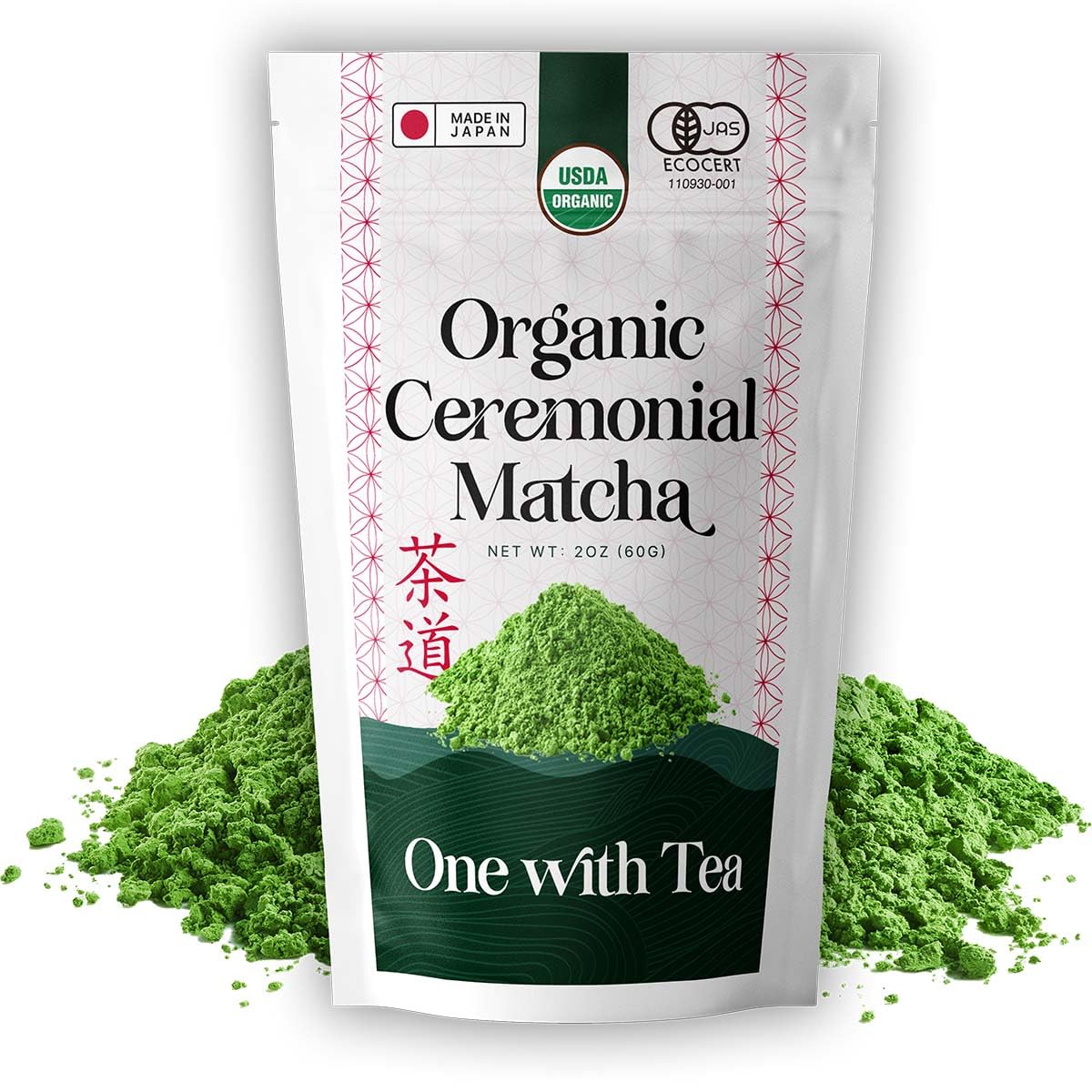 ONE WITH TEA ceremonial matcha jar showing premium powder for rituals