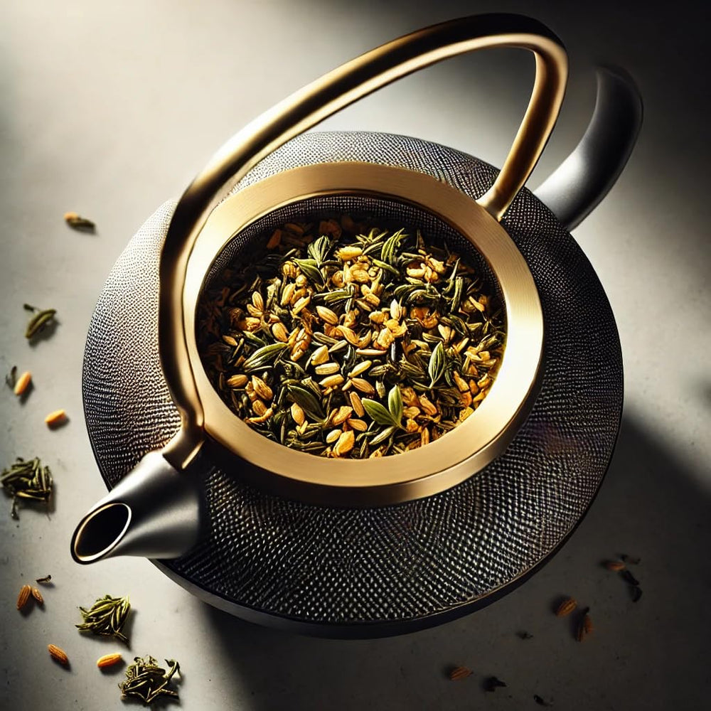 One With Tea Genmaicha brewed tea in cup invites calm, aromatic afternoon break.