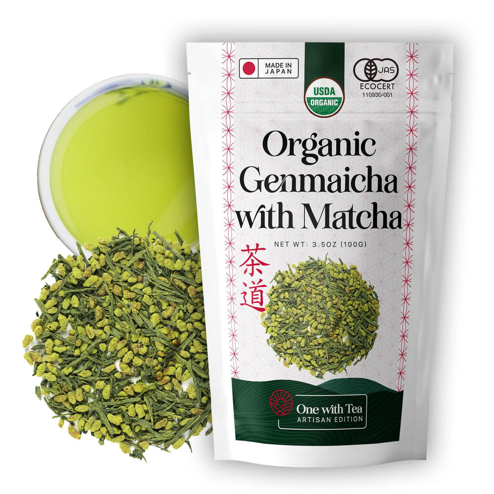 One With Tea Genmaicha loose leaf close-up highlighting fresh aroma and premium quality.