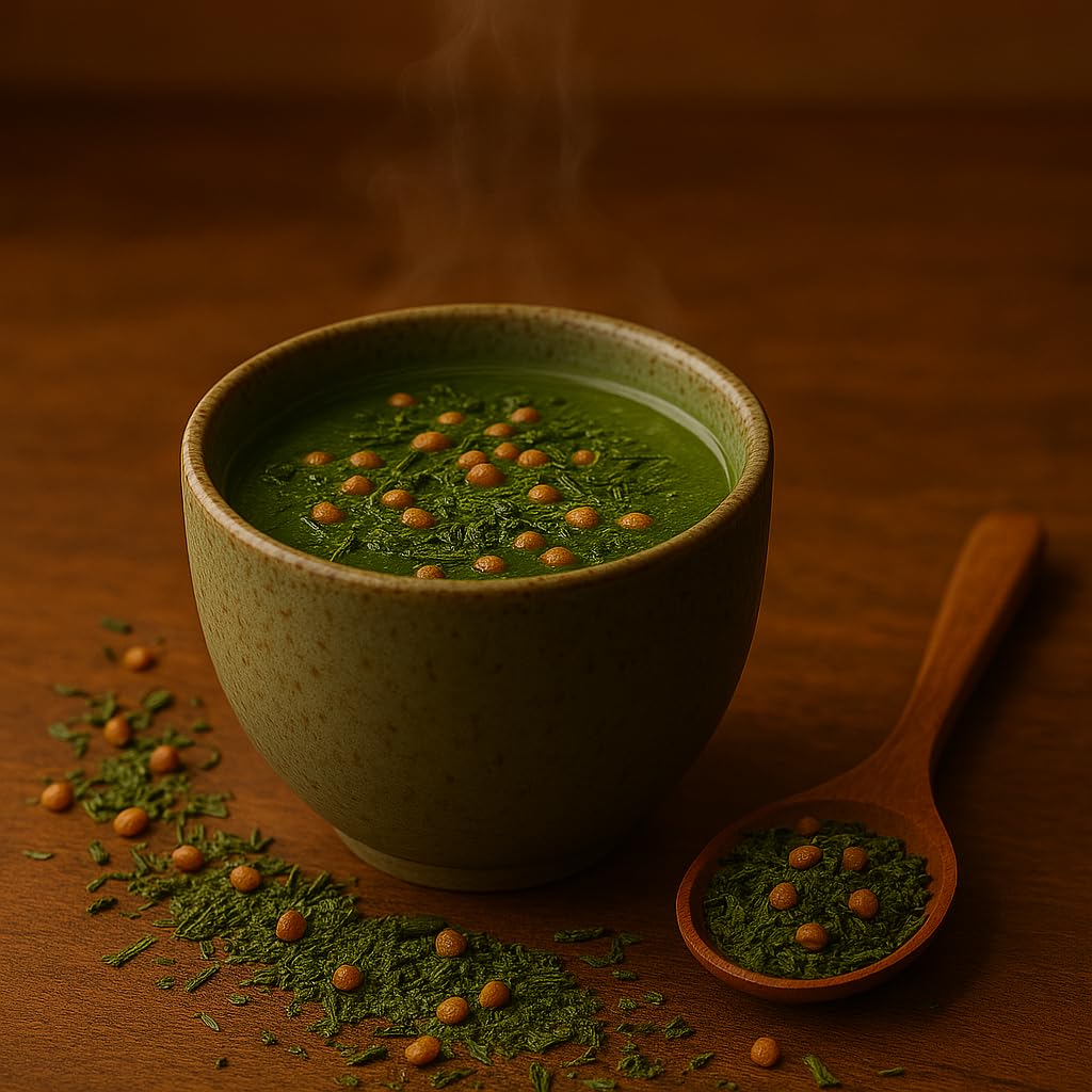 One With Tea Genmaicha matcha swirl in cup suggests balanced grassy-sweet flavor.