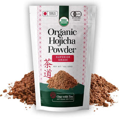 ONE WITH TEA Hojicha Powder packaging highlights premium quality and ethical sourcing.