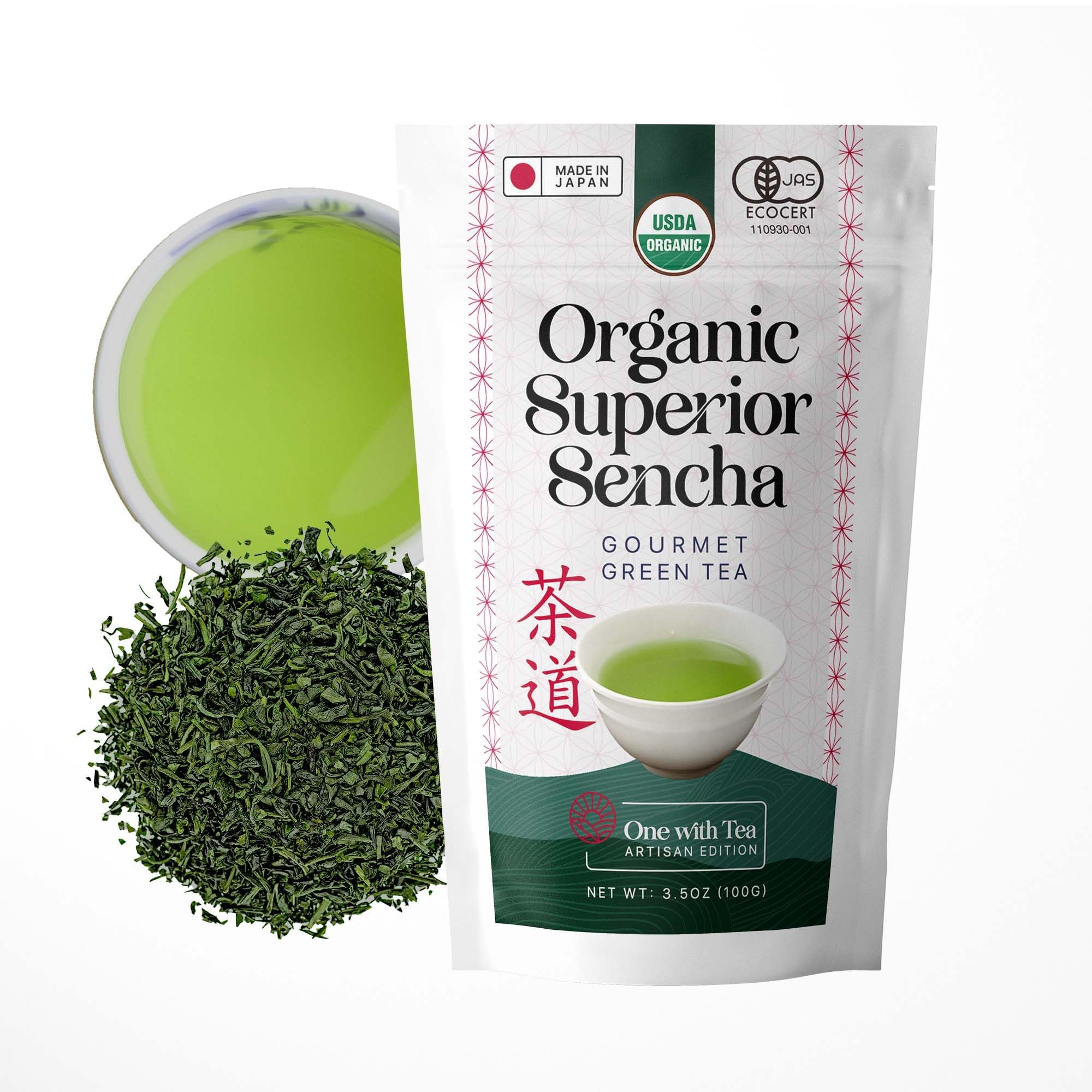 ONE WITH TEA Sencha green tea loose leaf on display, vibrant color and fresh aroma.