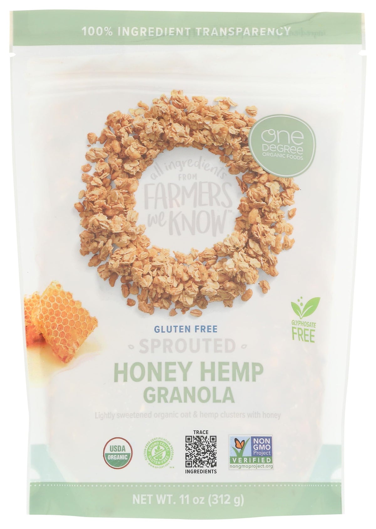 One Degree Oat Honey Hemp granola jar front offers a crunchy breakfast option