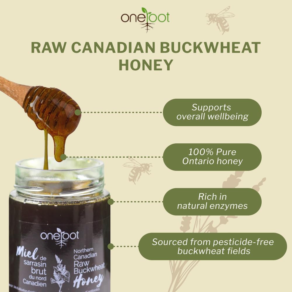 OneRoot Buckwheat Honey bottle pour shows robust flavor.