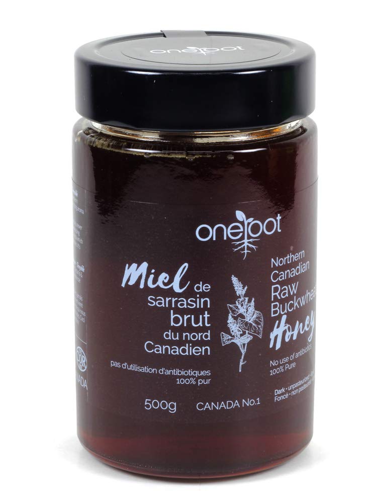 OneRoot Buckwheat Honey jar closeup, rich color, ideal for tea.