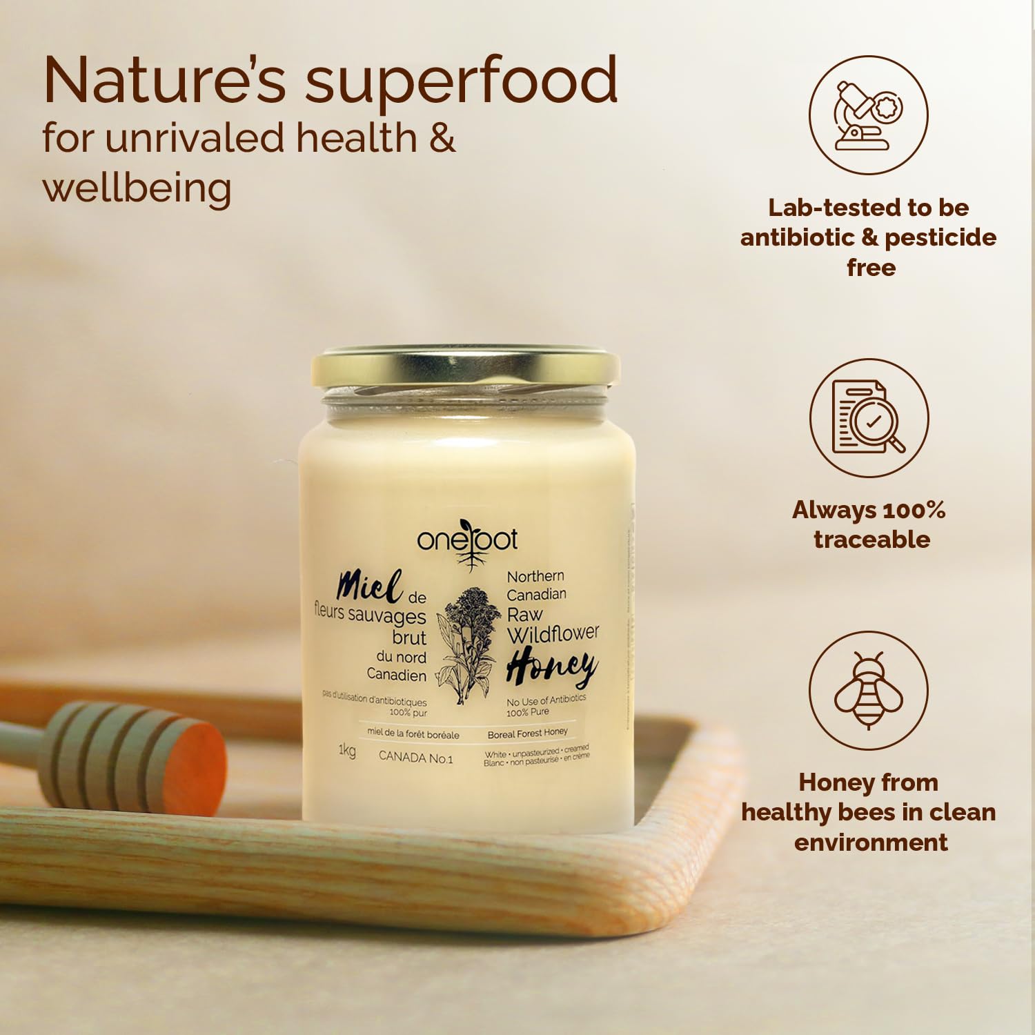 OneRoot raw honey jar closeup highlighting natural enzymes and rich flavor.