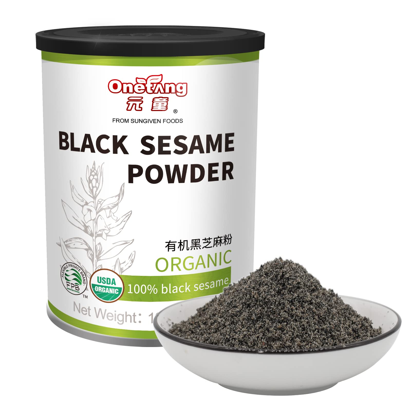 ONETANG Organic Black Sesame Powder packaging on shelf shows an organic, gluten-free option for meals