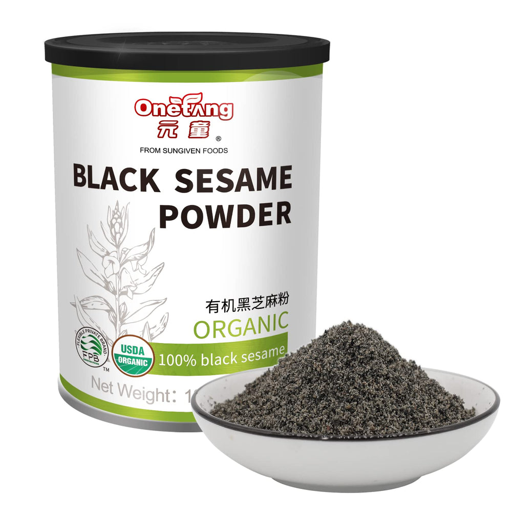 ONETANG Organic Black Sesame Powder packaging on shelf shows an organic, gluten-free option for meals