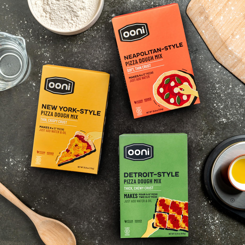Evening pizza night at home with Ooni dough mix.