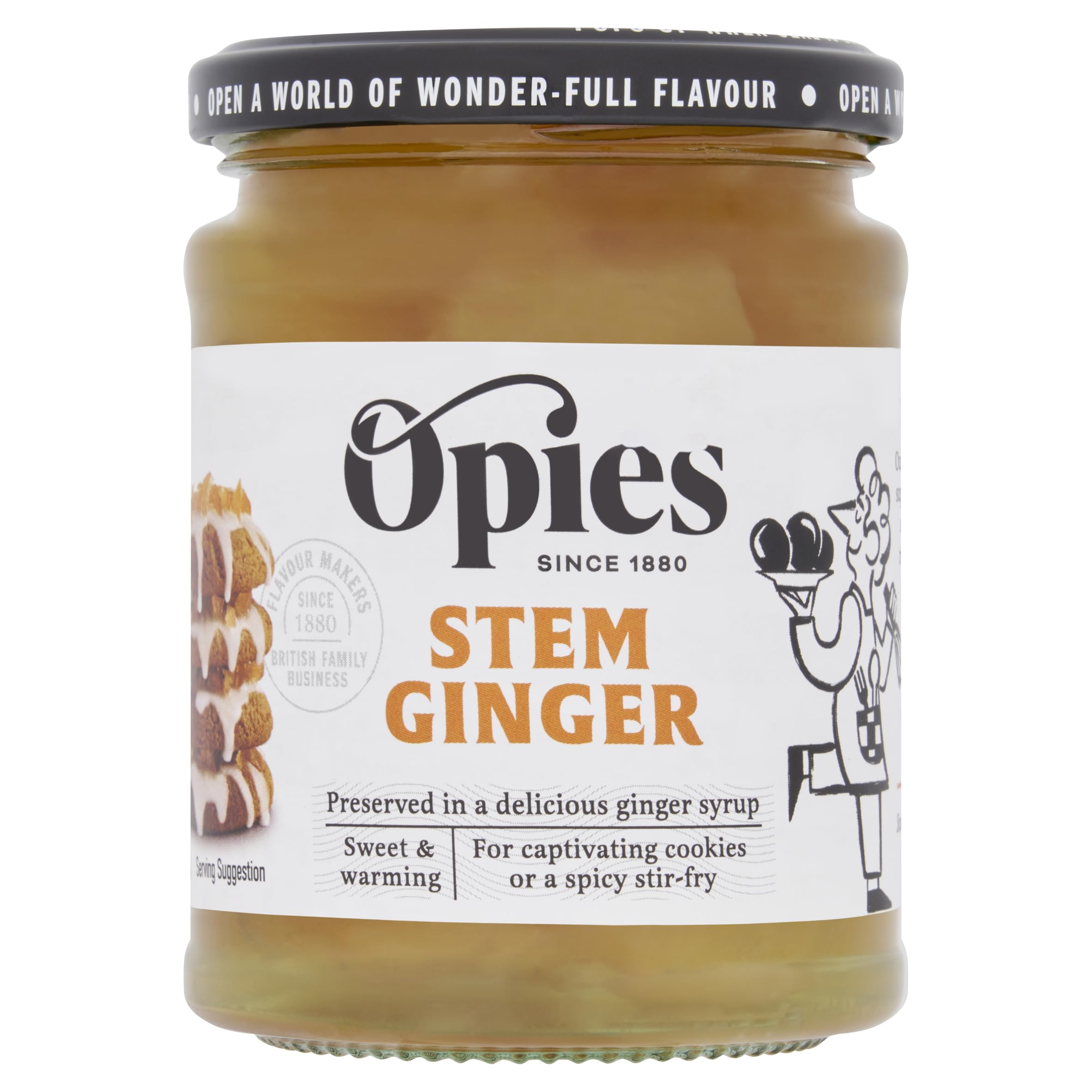 Opies stem ginger in syrup jar enhances desserts and savory dishes.