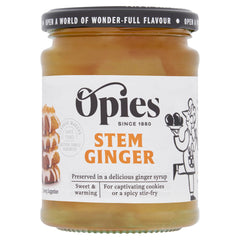 Opies stem ginger in syrup jar enhances desserts and savory dishes.