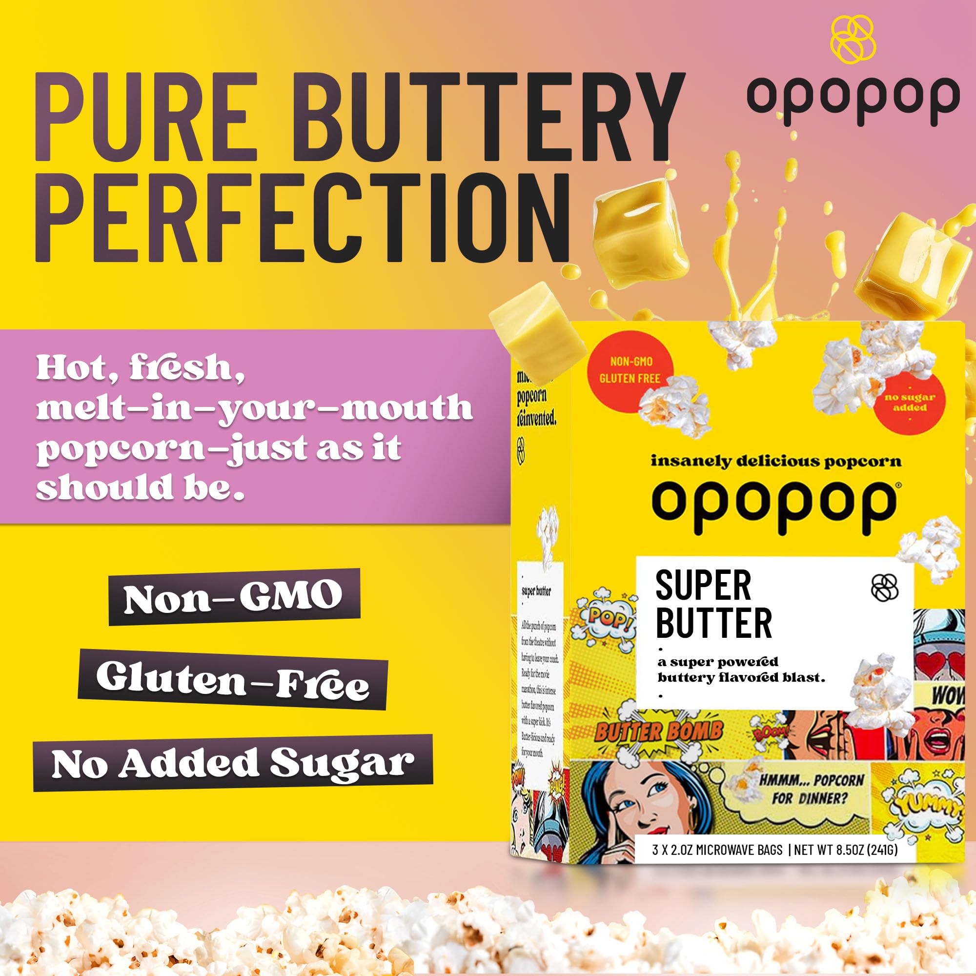 Opopop butter popcorn close-up highlighting savory aroma and buttery richness.