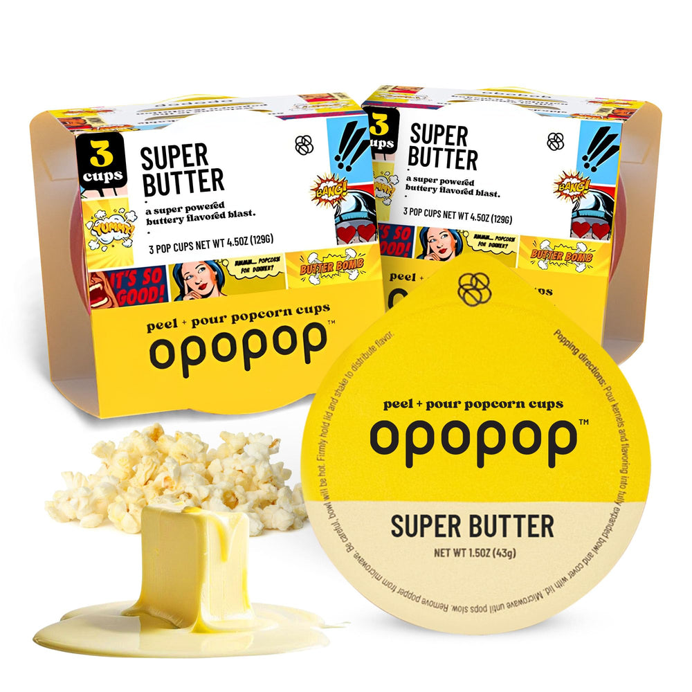 Opopop butter popcorn cups six-pack on shelf, convenient movie-night snack.