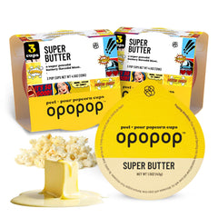Opopop butter popcorn cups six-pack on shelf, convenient movie-night snack.
