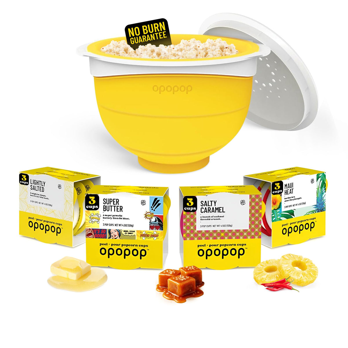 Opopop collapsible popcorn popper in use, saving cabinet space