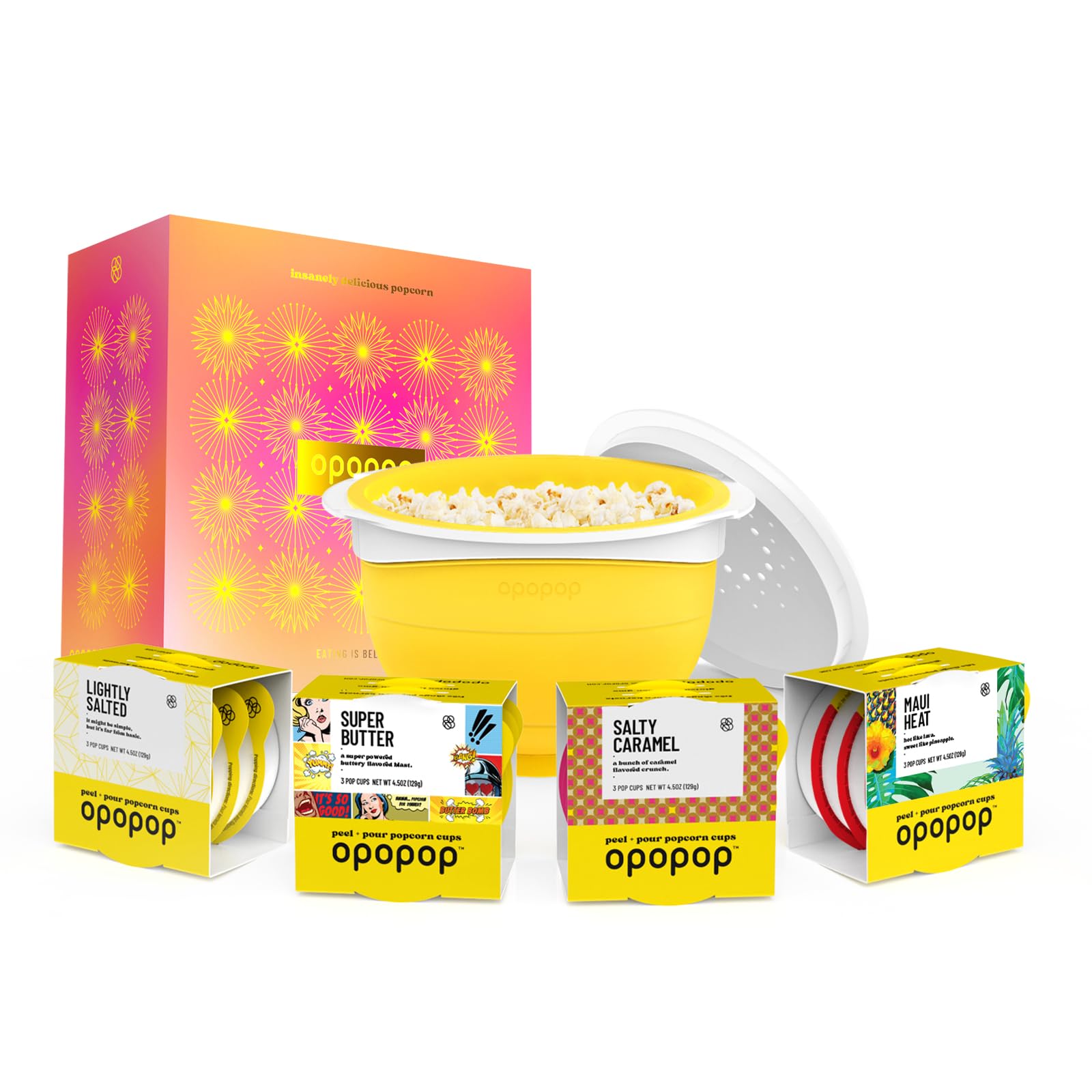 Opopop collapsible popcorn popper in use, space-saving design for easy storage.