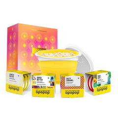 Opopop collapsible popcorn popper in use, space-saving design for easy storage.