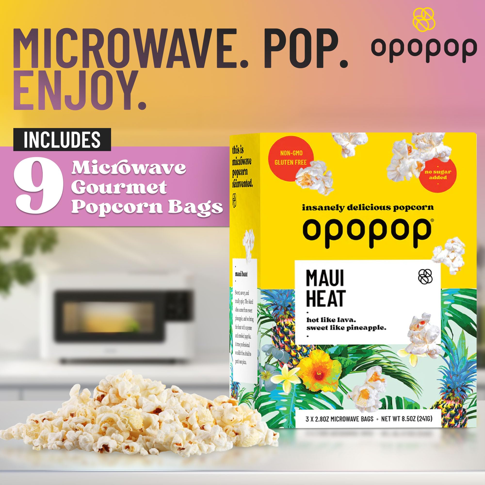 Opopop Maui Heat packaging front with nine-pack convenience for sharing.