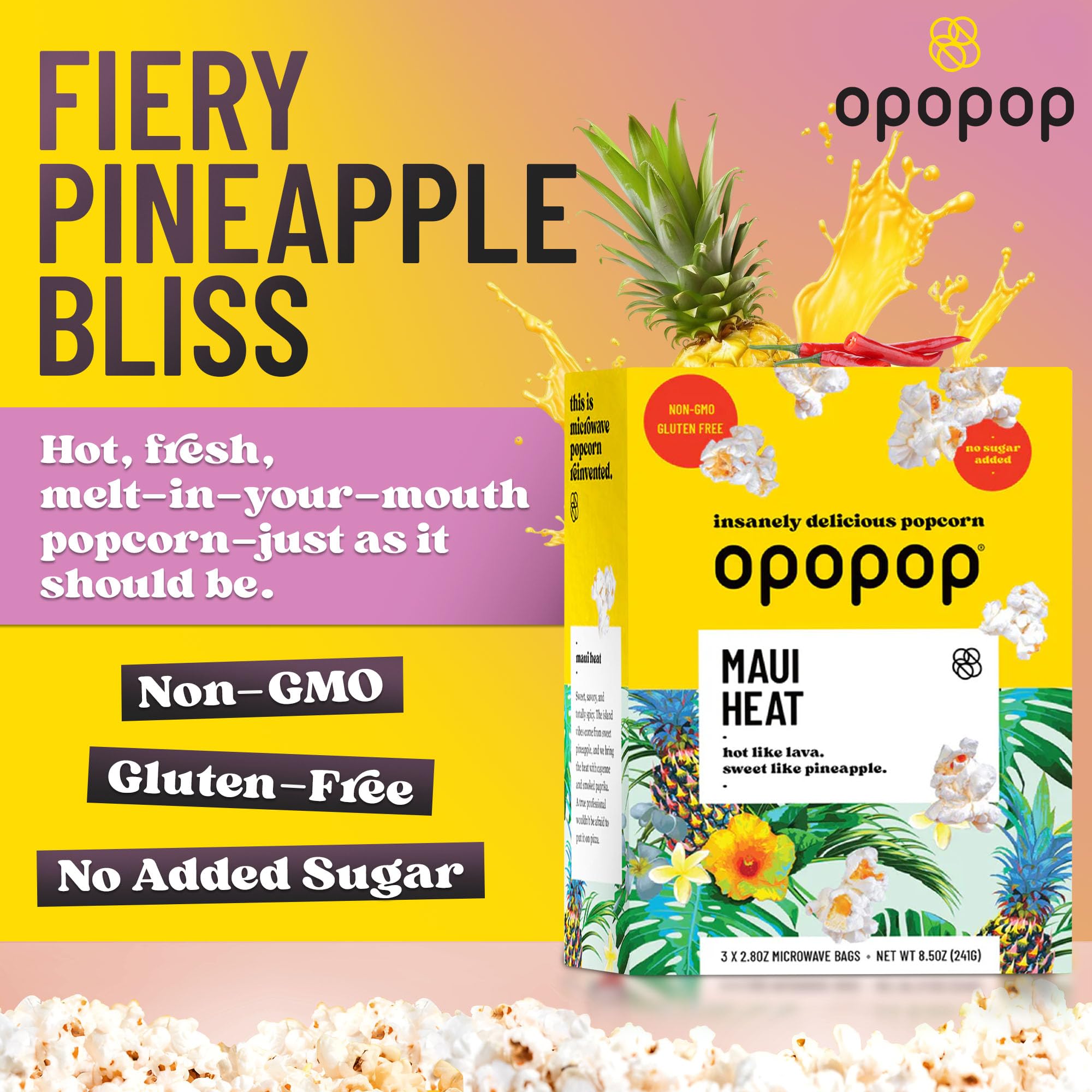 Opopop Maui Heat popped corn on a plate, golden and boldly seasoned.