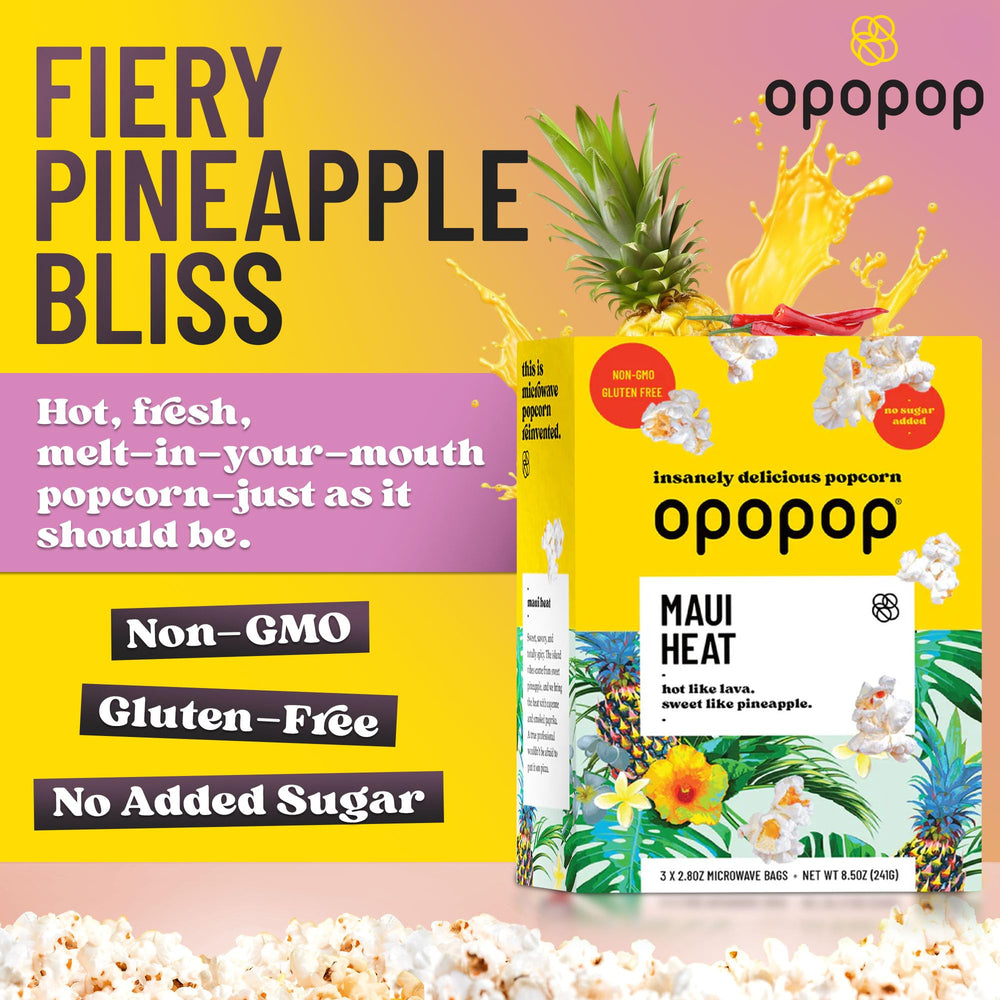 Opopop Maui Heat popped corn on a plate, golden and boldly seasoned.