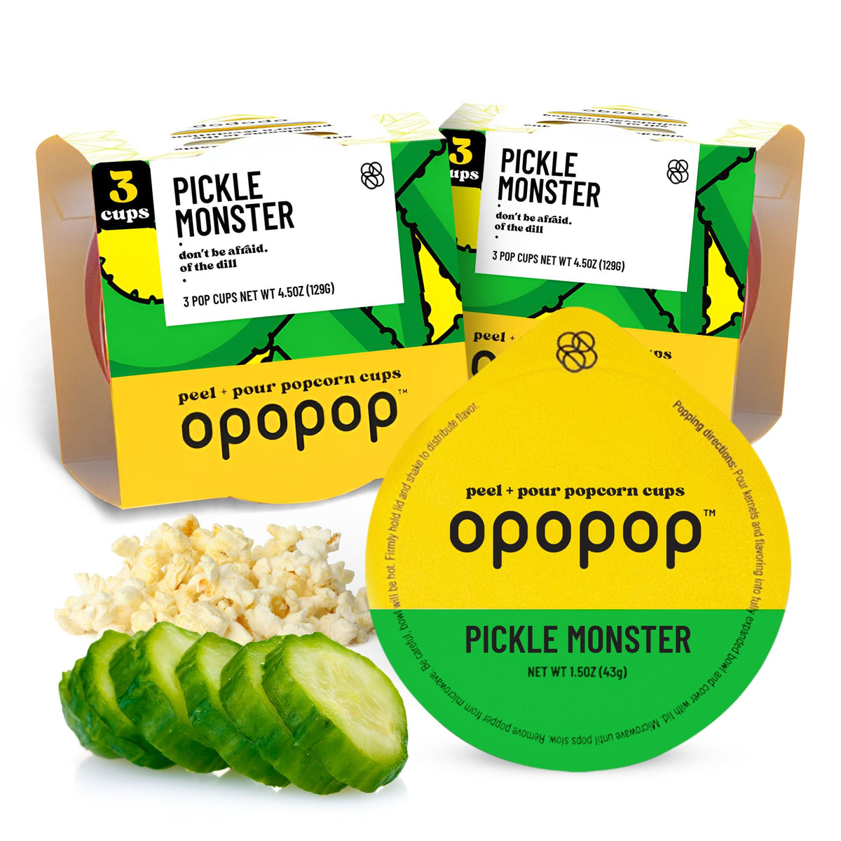 OPOPOP Pickle Monster popcorn in a pop cup for quick, mess-free snacking.