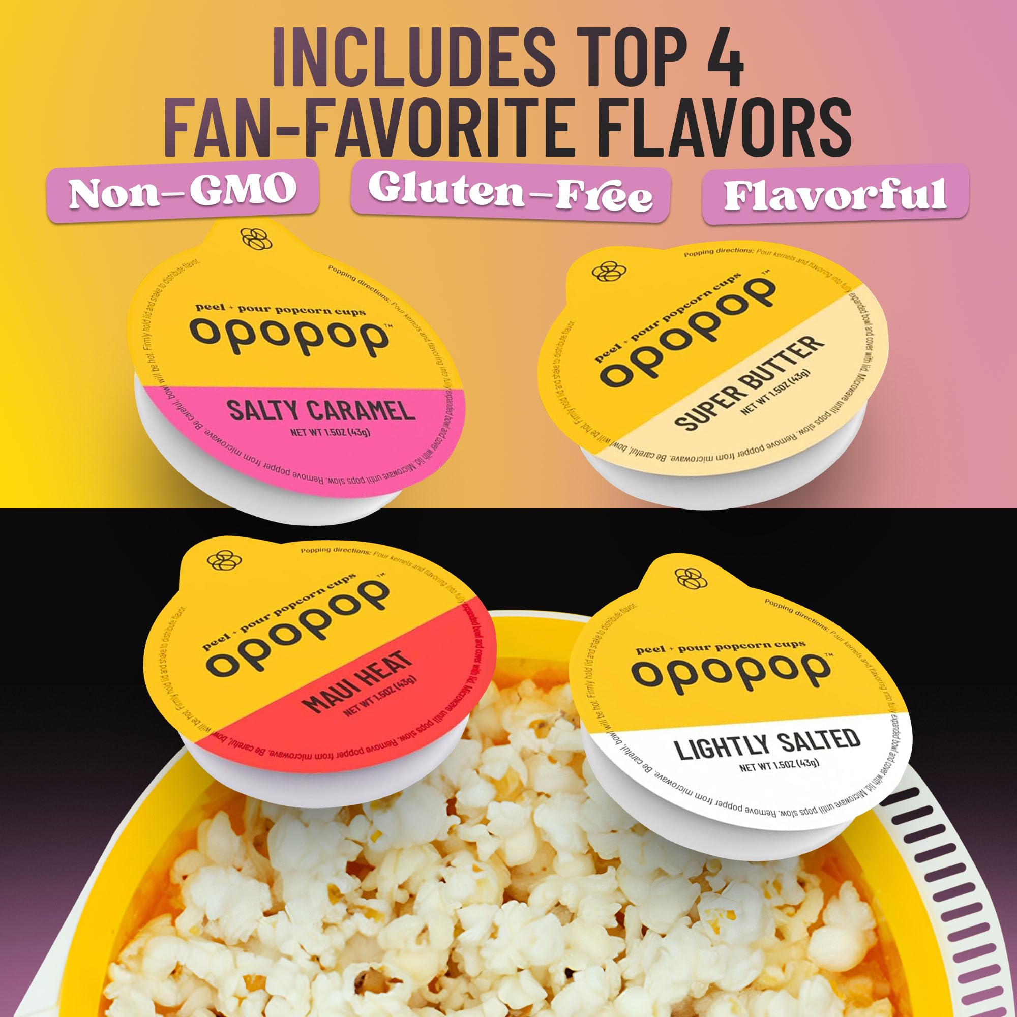 Opopop popcorn cups from the variety pack for easy flavoring and serving