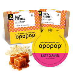 Opopop salty caramel popcorn cups packaging shows a mess-free snack option.