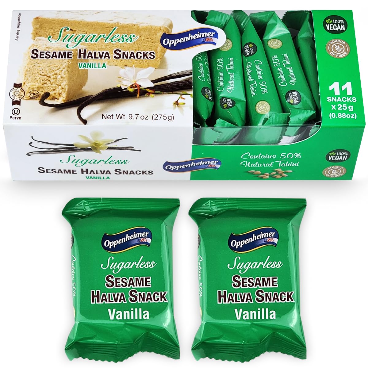Oppenheimer Sugarless Halva Snacks shown as a guilt-free treat.