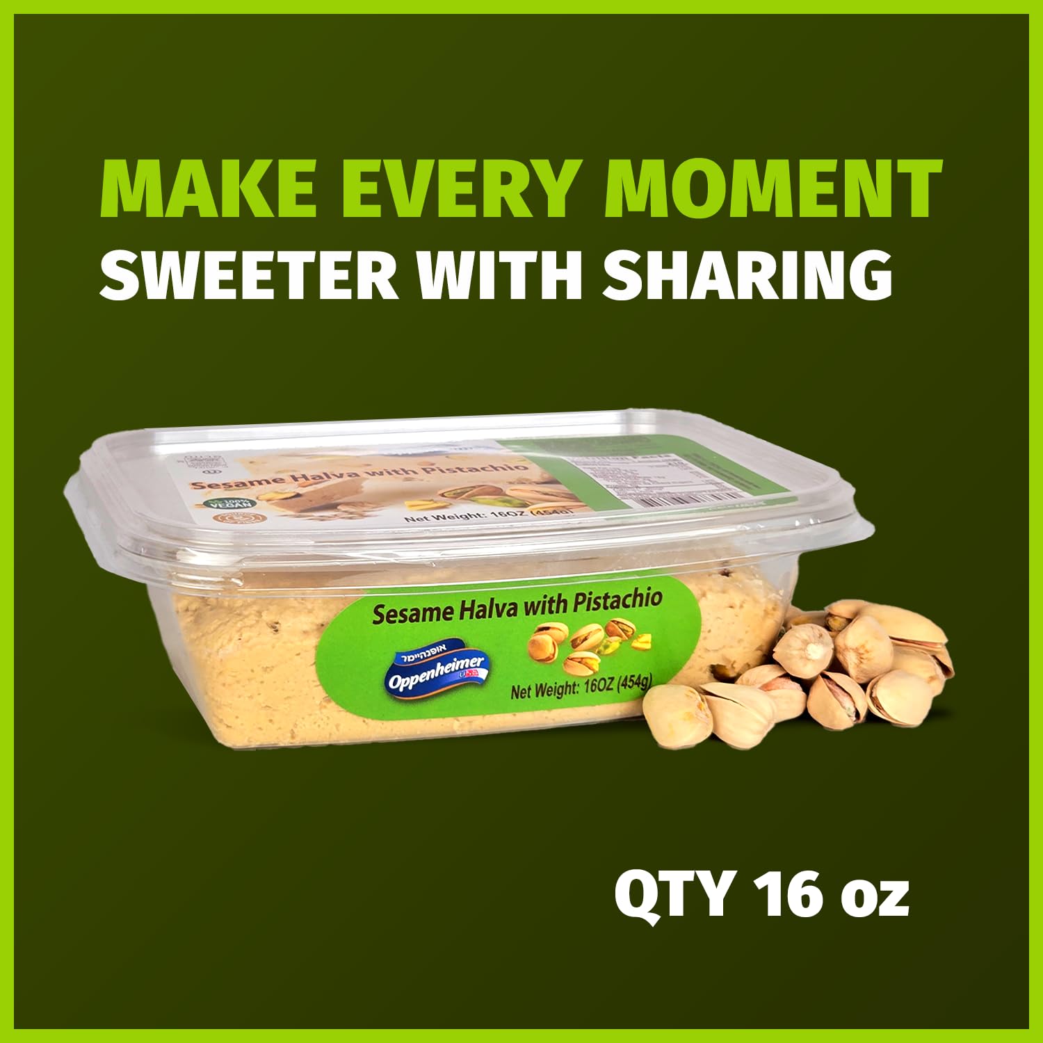 Oppenheimer USA pistachio halva beside tea, a perfect snack with beverages.