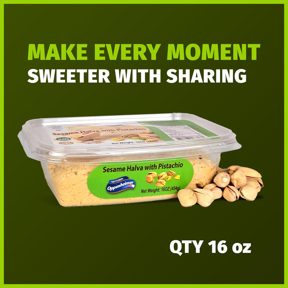 Oppenheimer USA pistachio halva beside tea, a perfect snack with beverages.