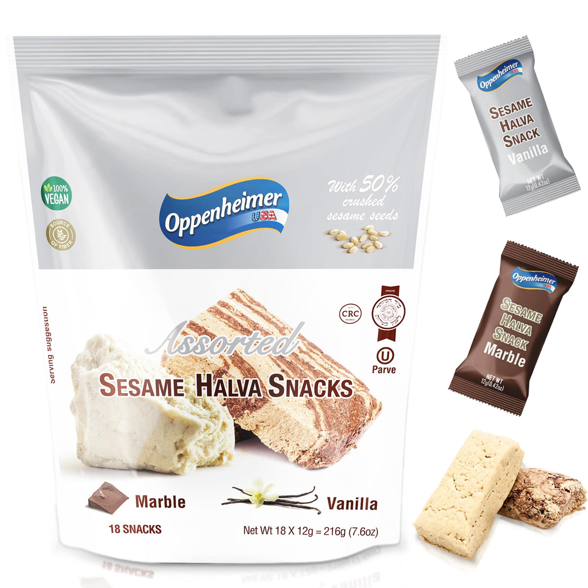 Oppenheimer USA sesame halva bar mini vanilla close-up, creamy vanilla flavor for quick snacking.