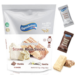 Oppenheimer USA sesame halva bar mini vanilla close-up, creamy vanilla flavor for quick snacking.