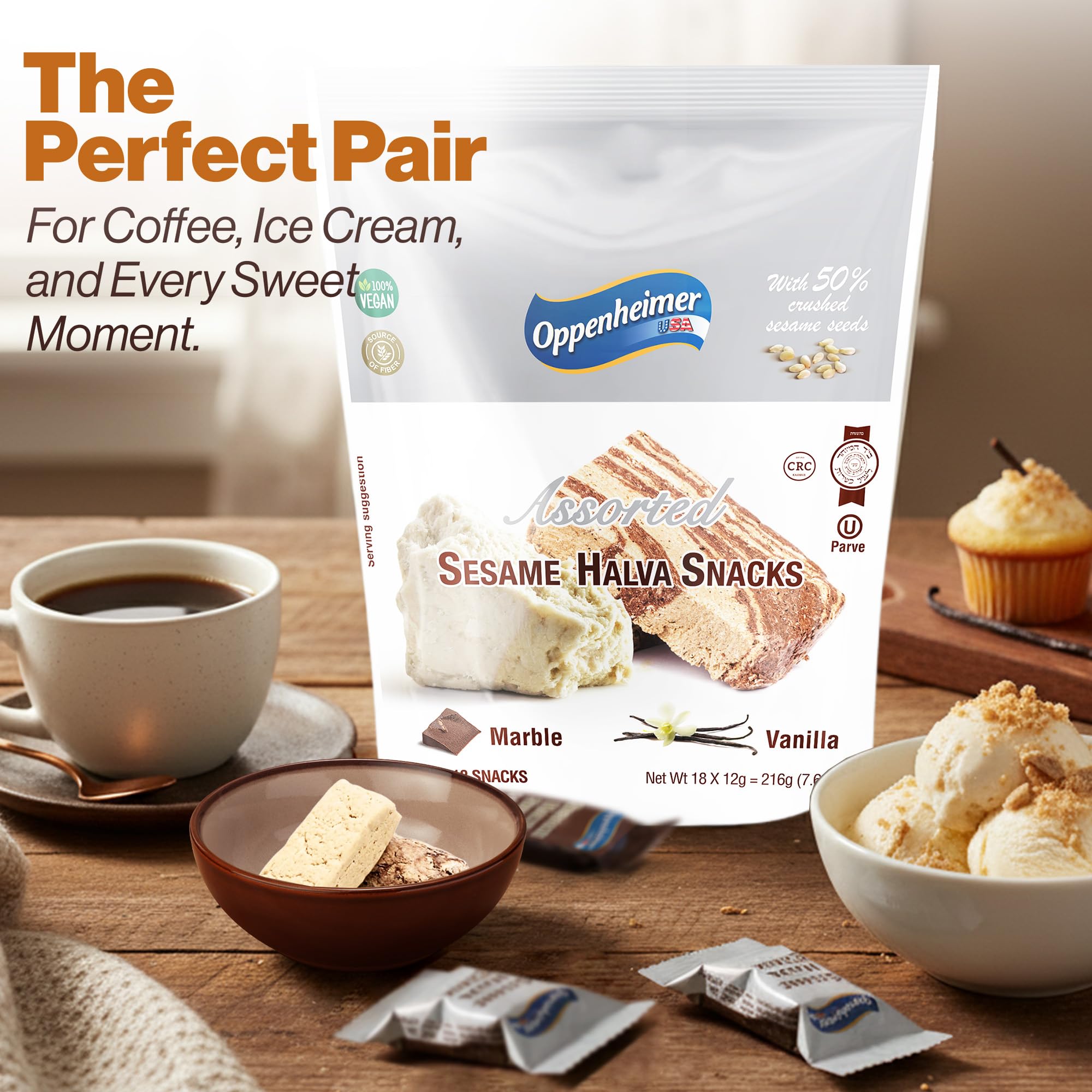 Oppenheimer USA sesame halva bar mini vegan kosher label, plant-based and dietary-friendly.