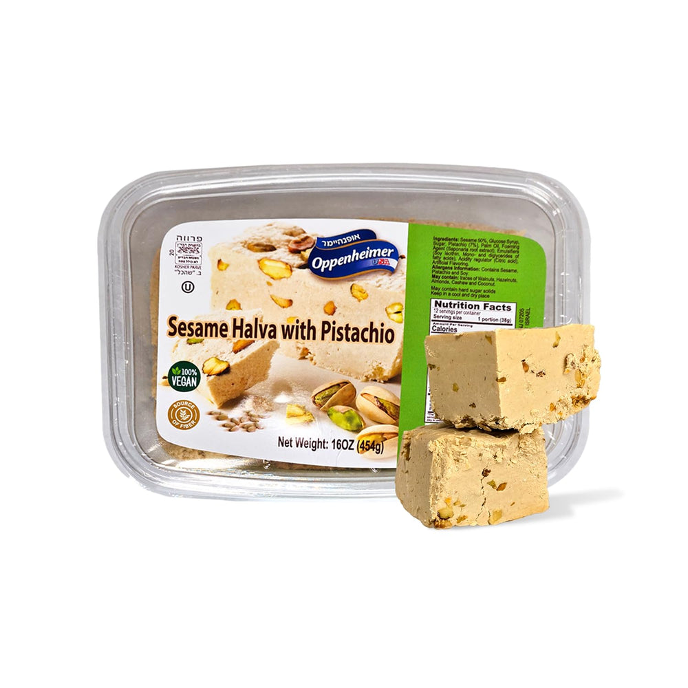 Oppenheimer USA sesame halva with pistachio bars showing creamy texture and pistachio crunch.