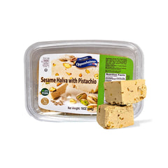 Oppenheimer USA sesame halva with pistachio bars showing creamy texture and pistachio crunch.