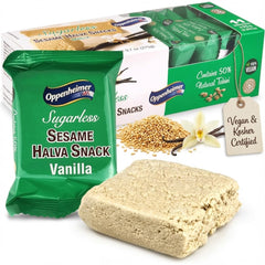 Oppenheimer Vanilla Halva mini-bars on a clean surface for on-the-go snacking.
