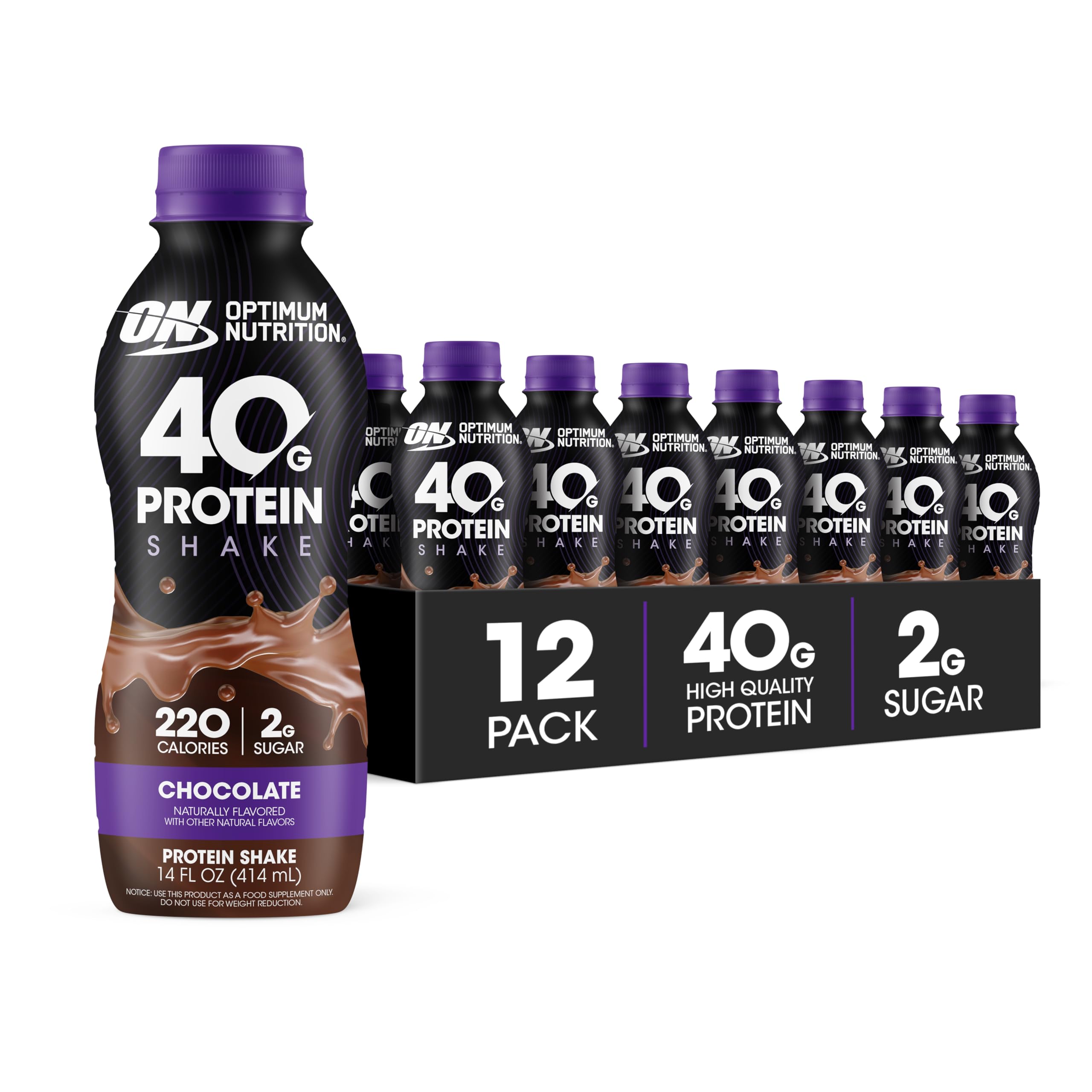 Optimum Nutrition 40g Protein Shake Chocolate bottle view emphasizes convenient post-workout protein