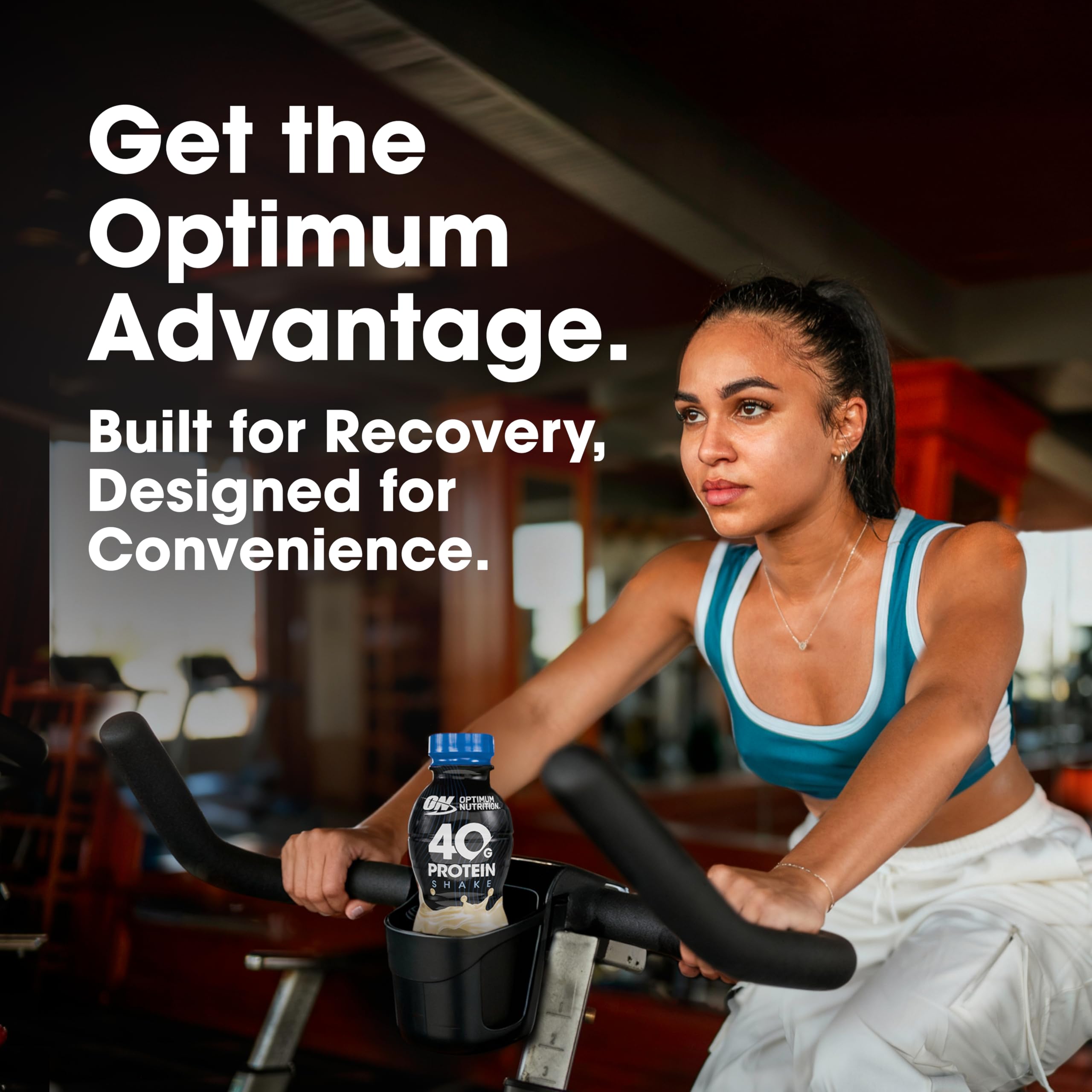 Optimum Nutrition vanilla shake bottle highlights 5g fiber and calcium.