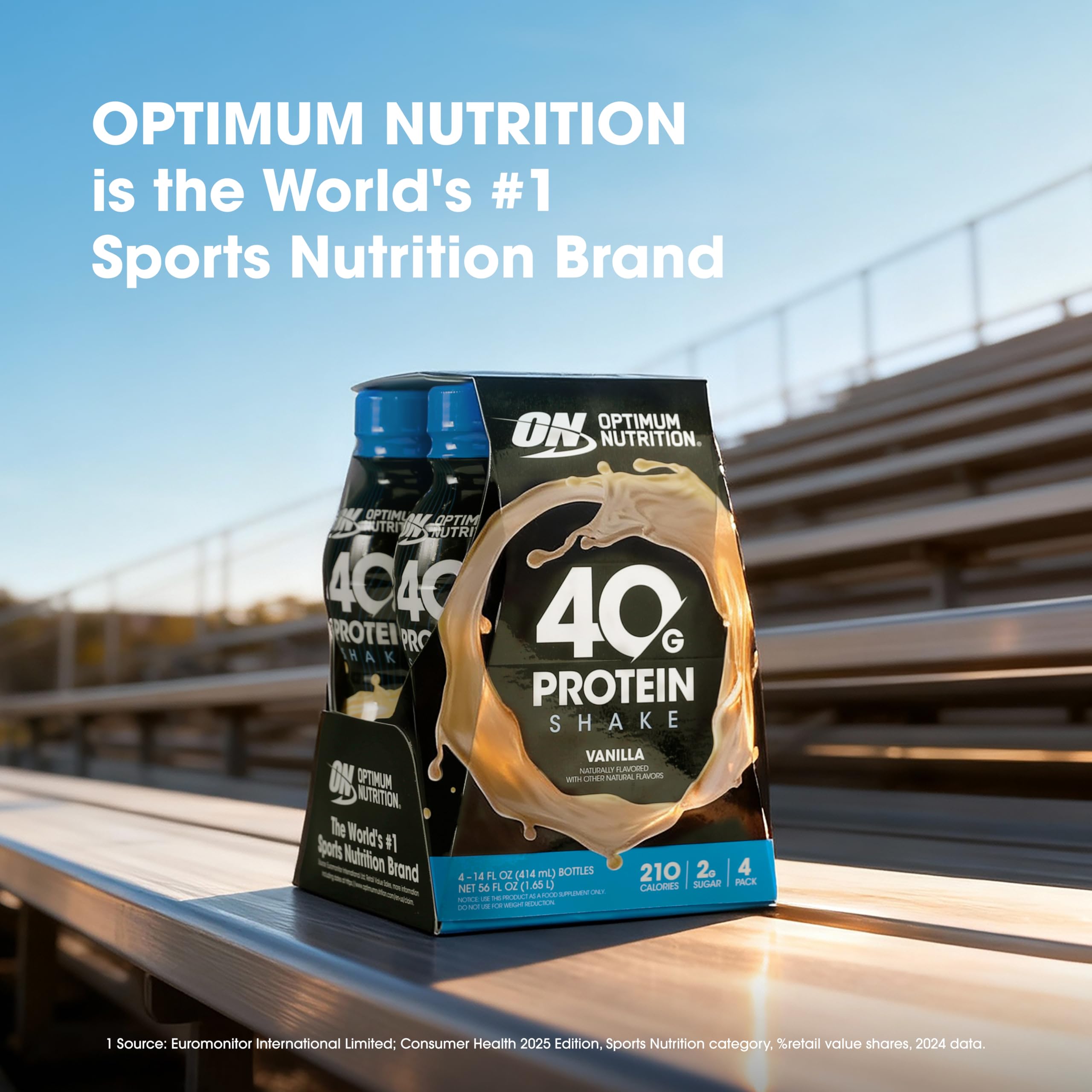 Optimum Nutrition vanilla flavor bottle shows 14 fl oz label.