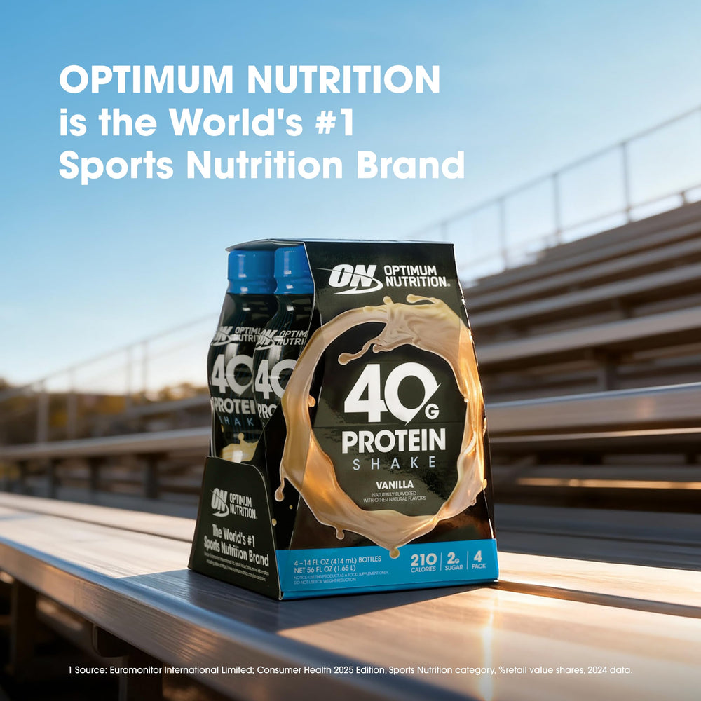 Optimum Nutrition vanilla flavor bottle shows 14 fl oz label.